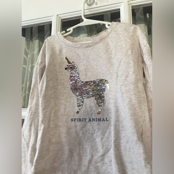 GAP Beige long sleeve cotton tee, reversible rainbow / gold & silver sequins EUC - Picture 2 of 6